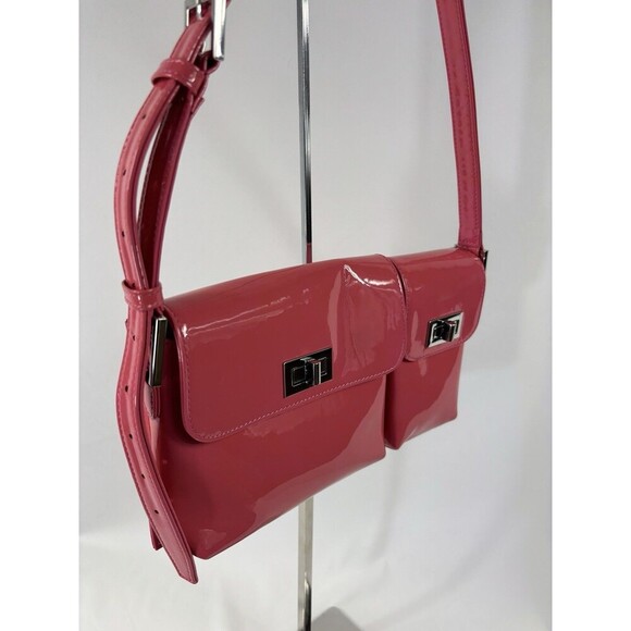 By Far Billie Patent Leather Top Handle Bag Bright Pink Pockets Toggles - Picture 6 of 14